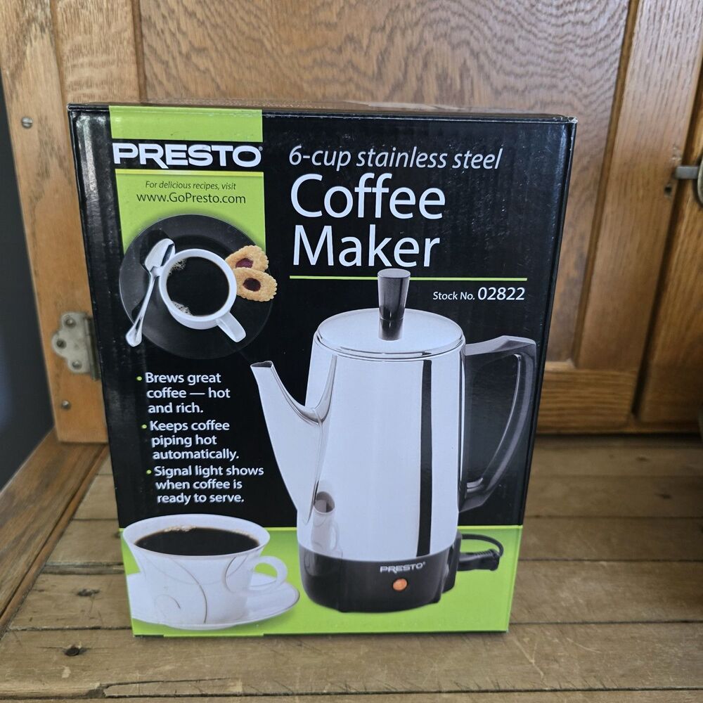 Presto Coffee Maker 02822 Stainless Steel 6 Cup Percolator Easy Pour Silver